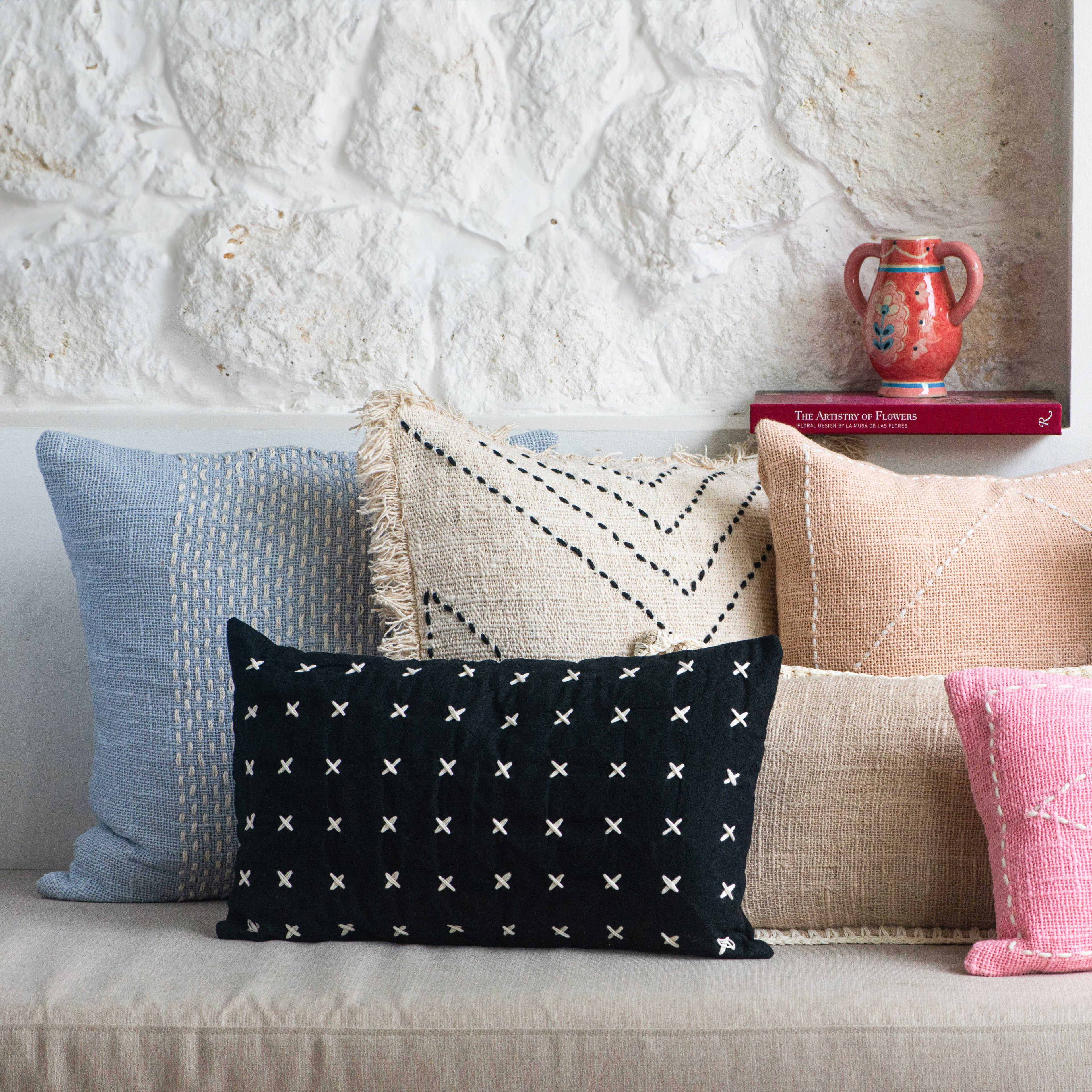 Light Blue Cotton Cushion with White Stitch Panel – 50x50 cm