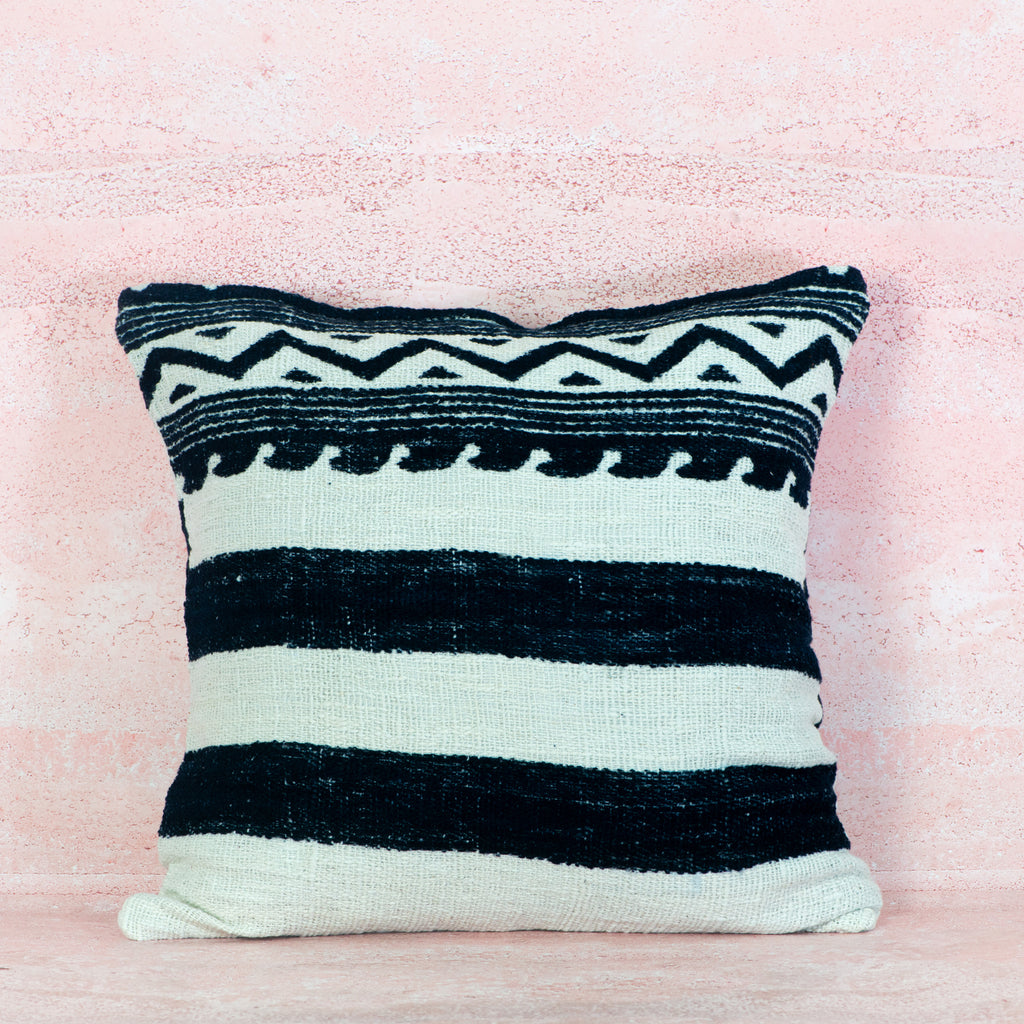 Natural Cotton Cushion with Black Stripe and Wave Detail