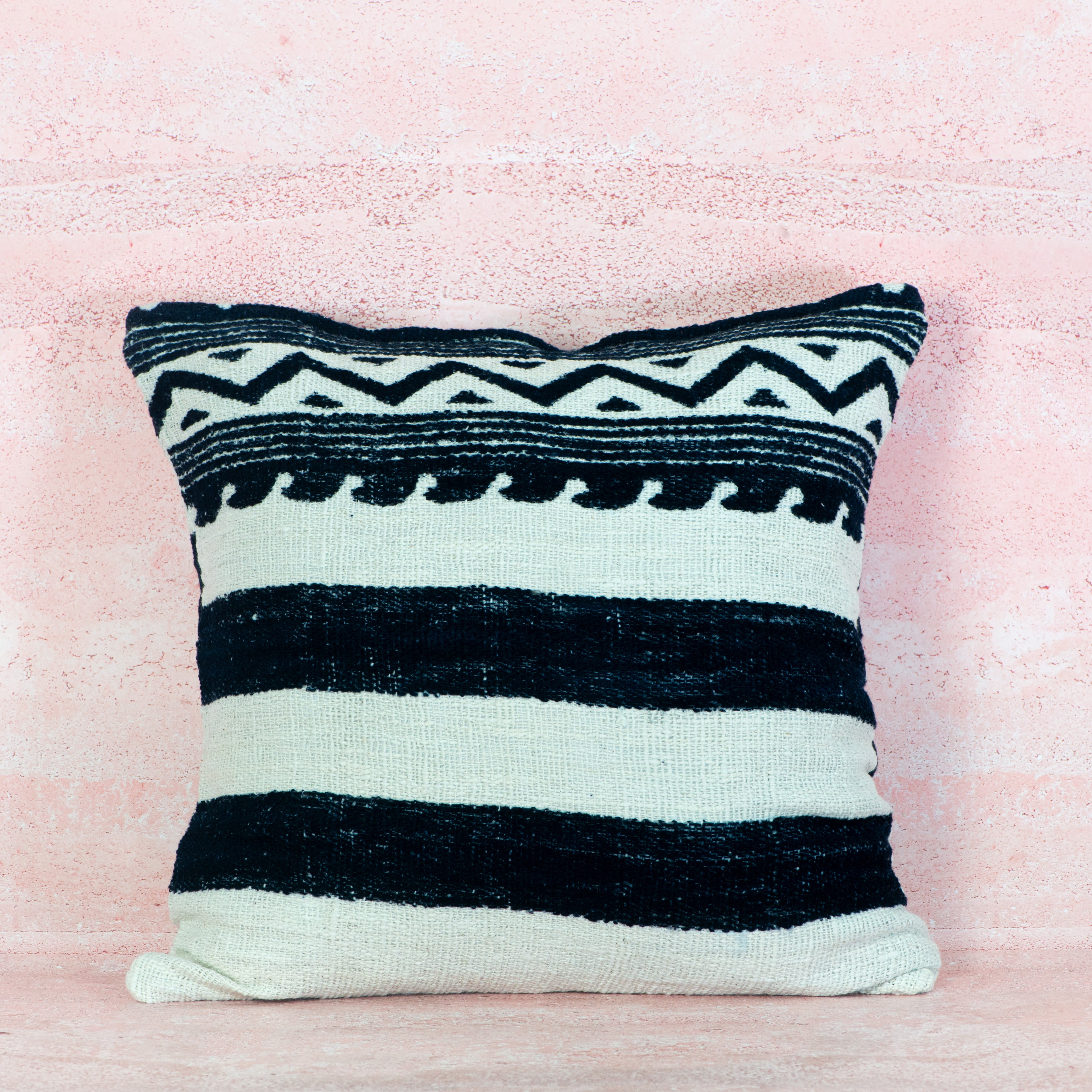 Natural Cotton Cushion with Black Stripe and Wave Detail