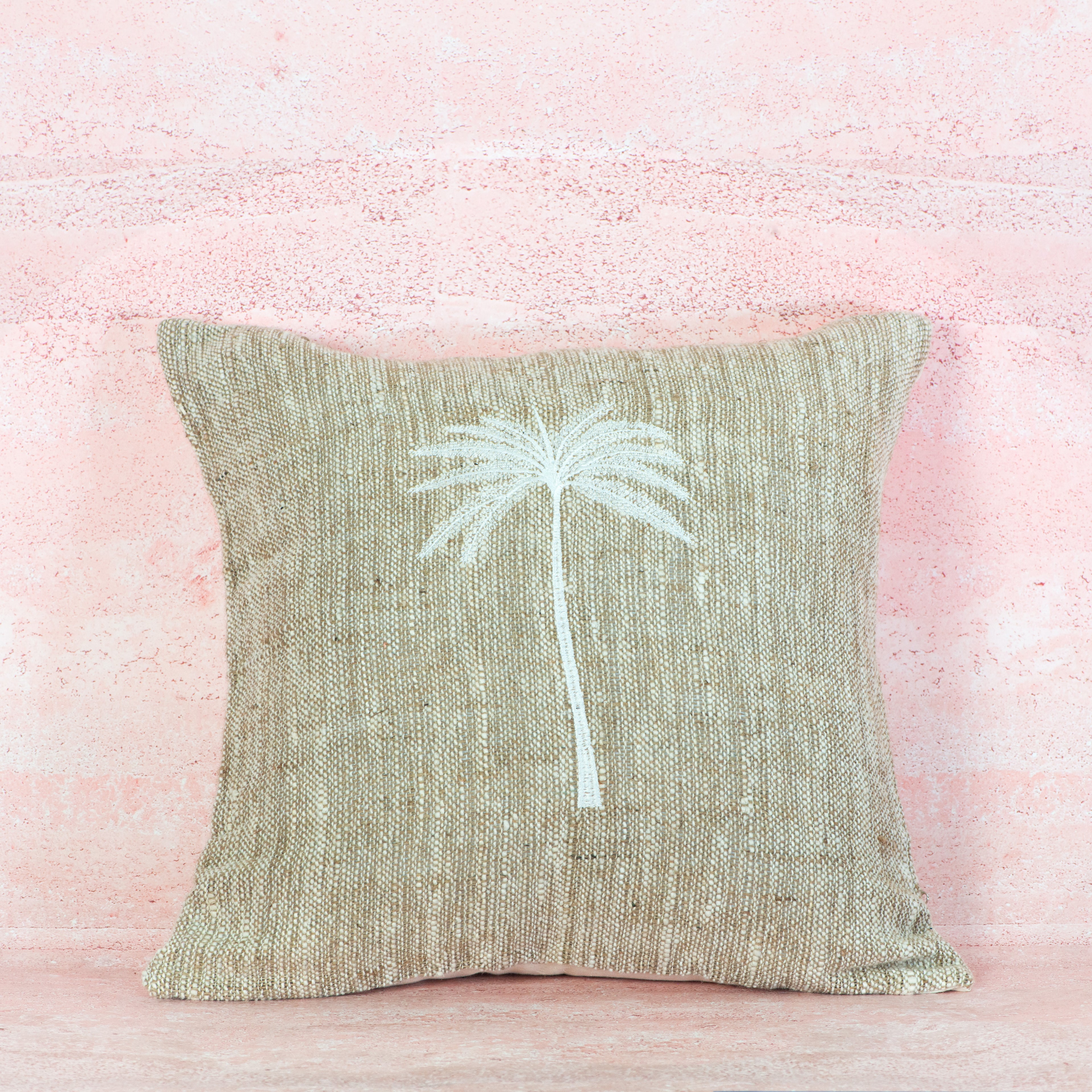 Natural Cotton Cushion with Palm Tree Detail