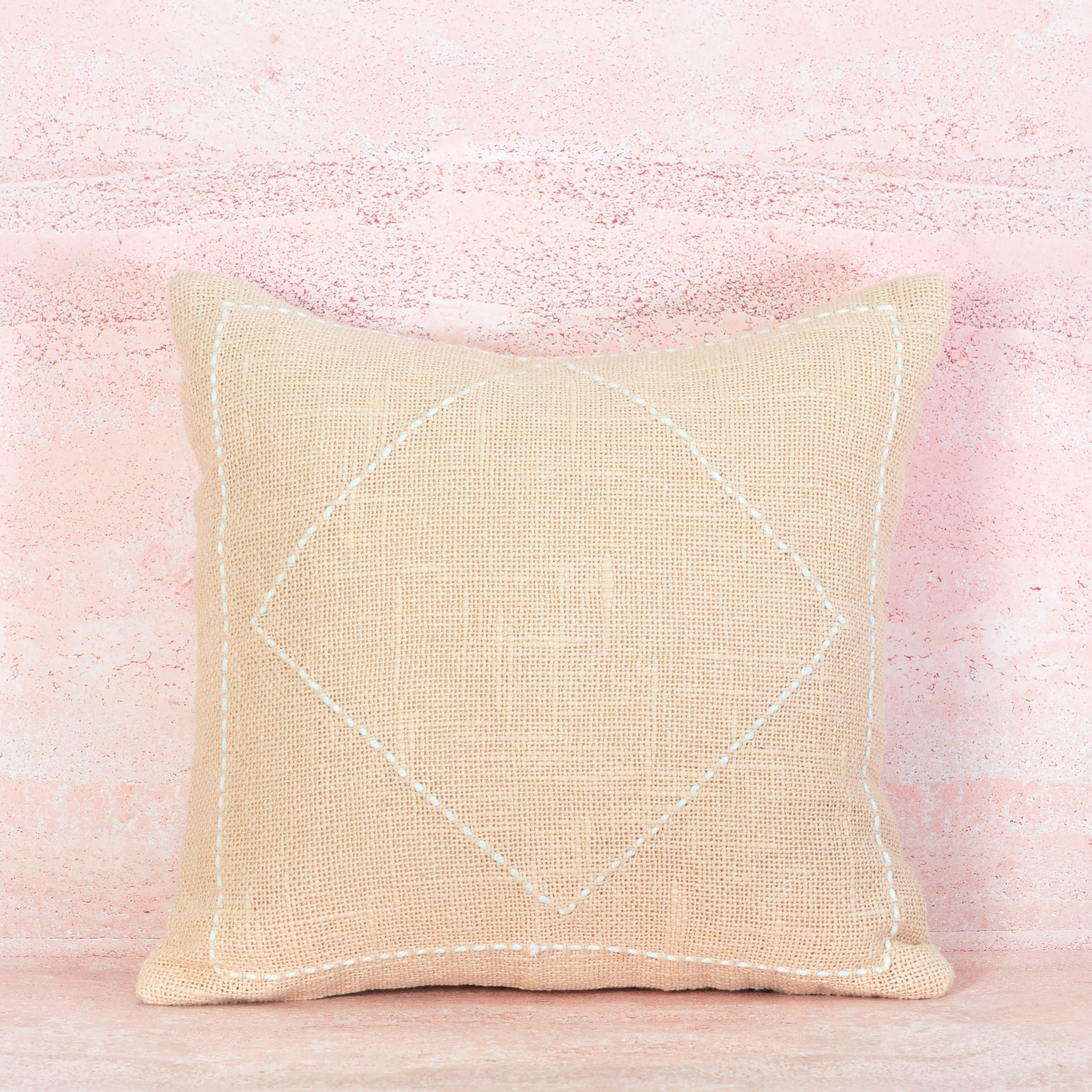 Peach Pink Cotton Cushion with Diamond Stitch Detail