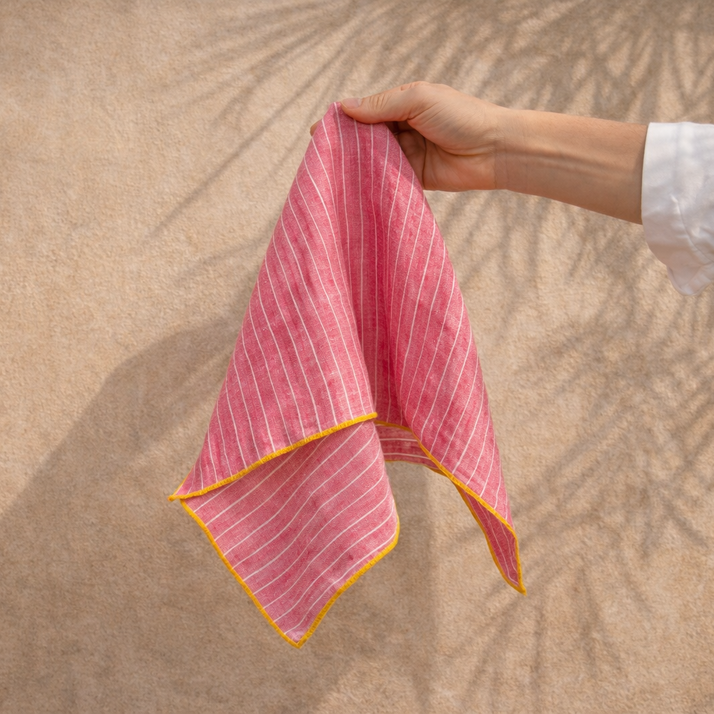 Hand holding a pink striped napkin with yellow hem against a beige background