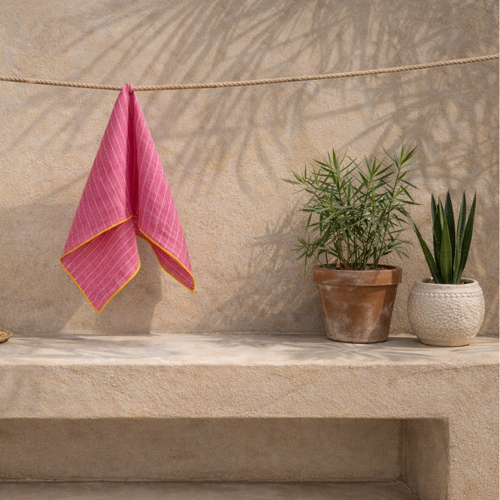 Pink napkin with yellow hem hanging on a line with potted plants and a hat on a stone surface.