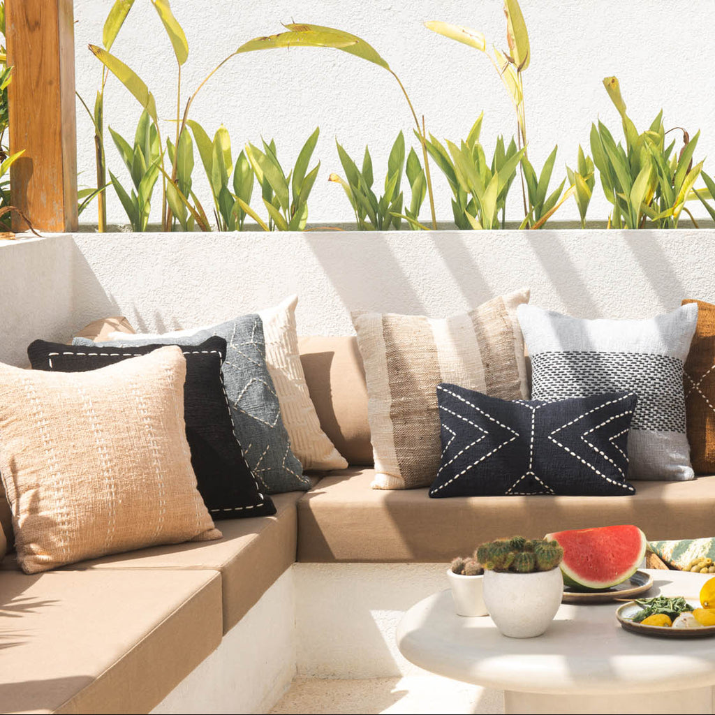 Light Blue Cotton Cushion with White Geometric Stitch – 50x50 cm