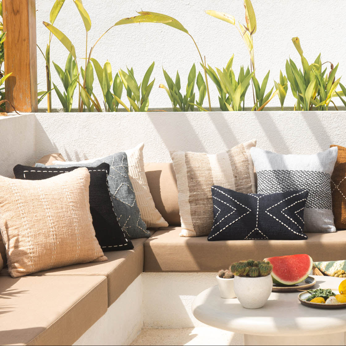 Light Blue Cotton Cushion with White Geometric Stitch – 50x50 cm