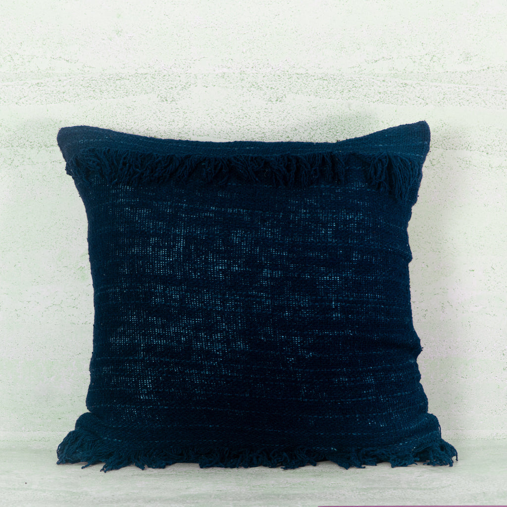 Indigo Blue Woven Cotton Cushion with Top Fringe – 50x50 cm