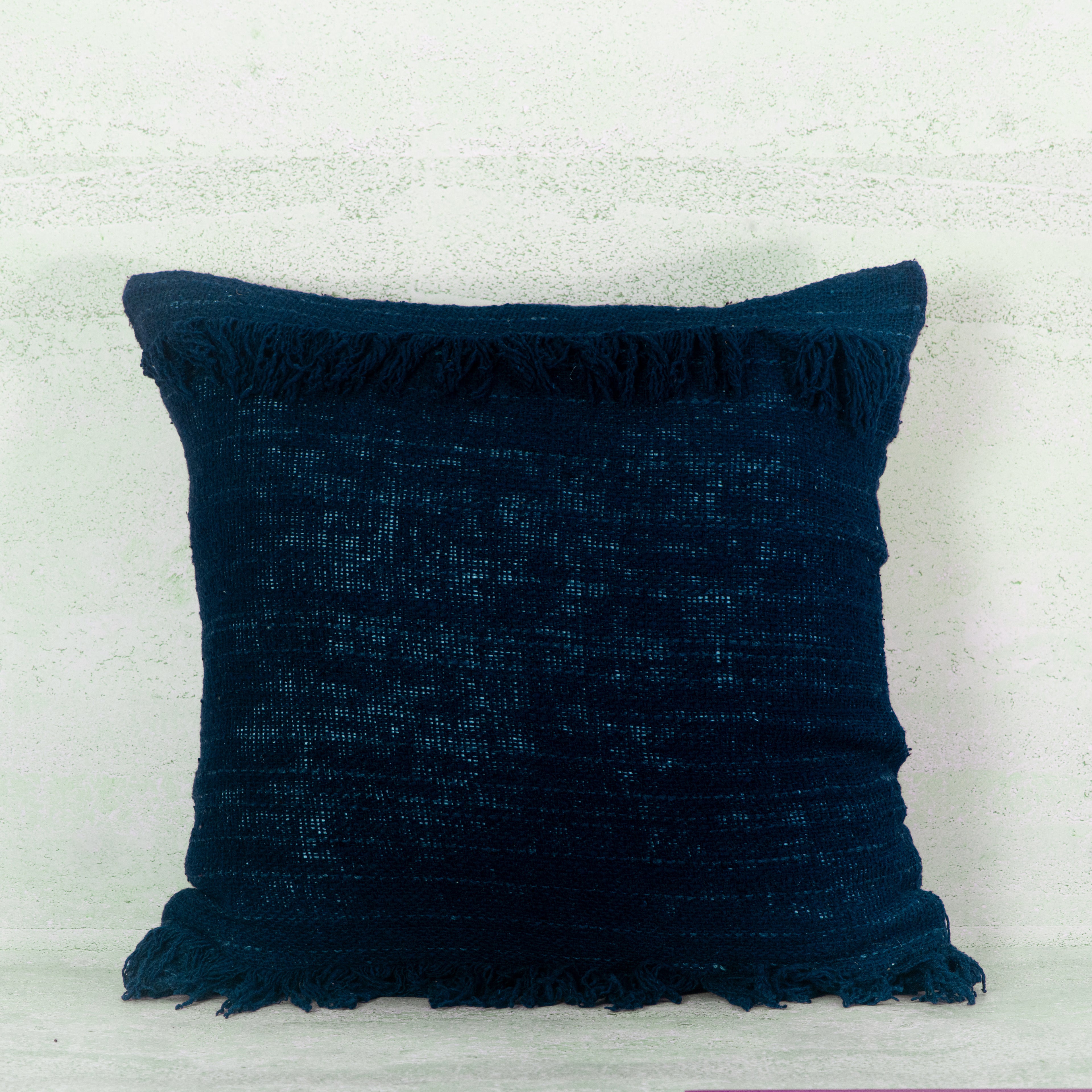 Indigo Blue Woven Cotton Cushion with Top Fringe – 50x50 cm
