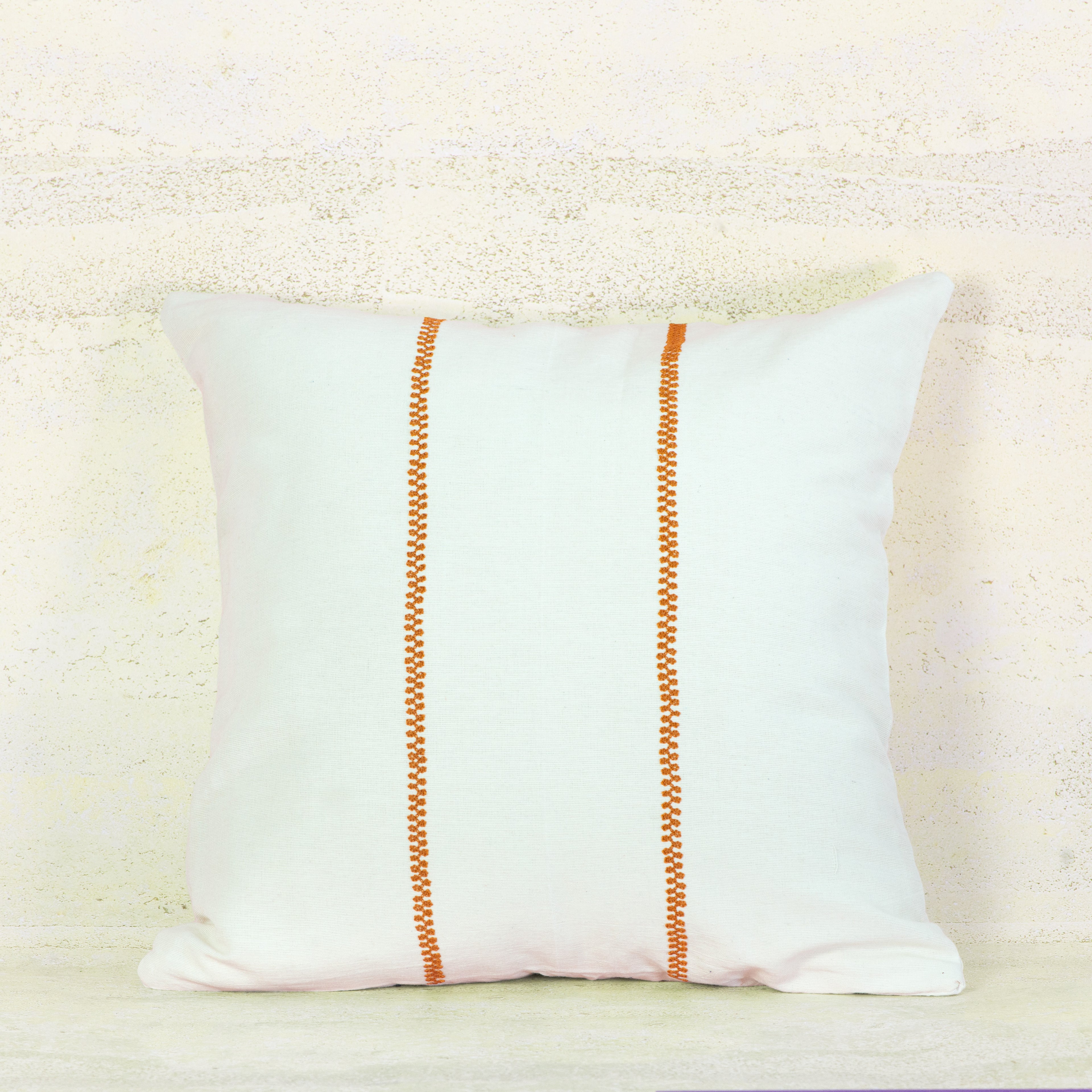 White Cotton Cushion with Terracotta Stitch Bands – 50x50 cm