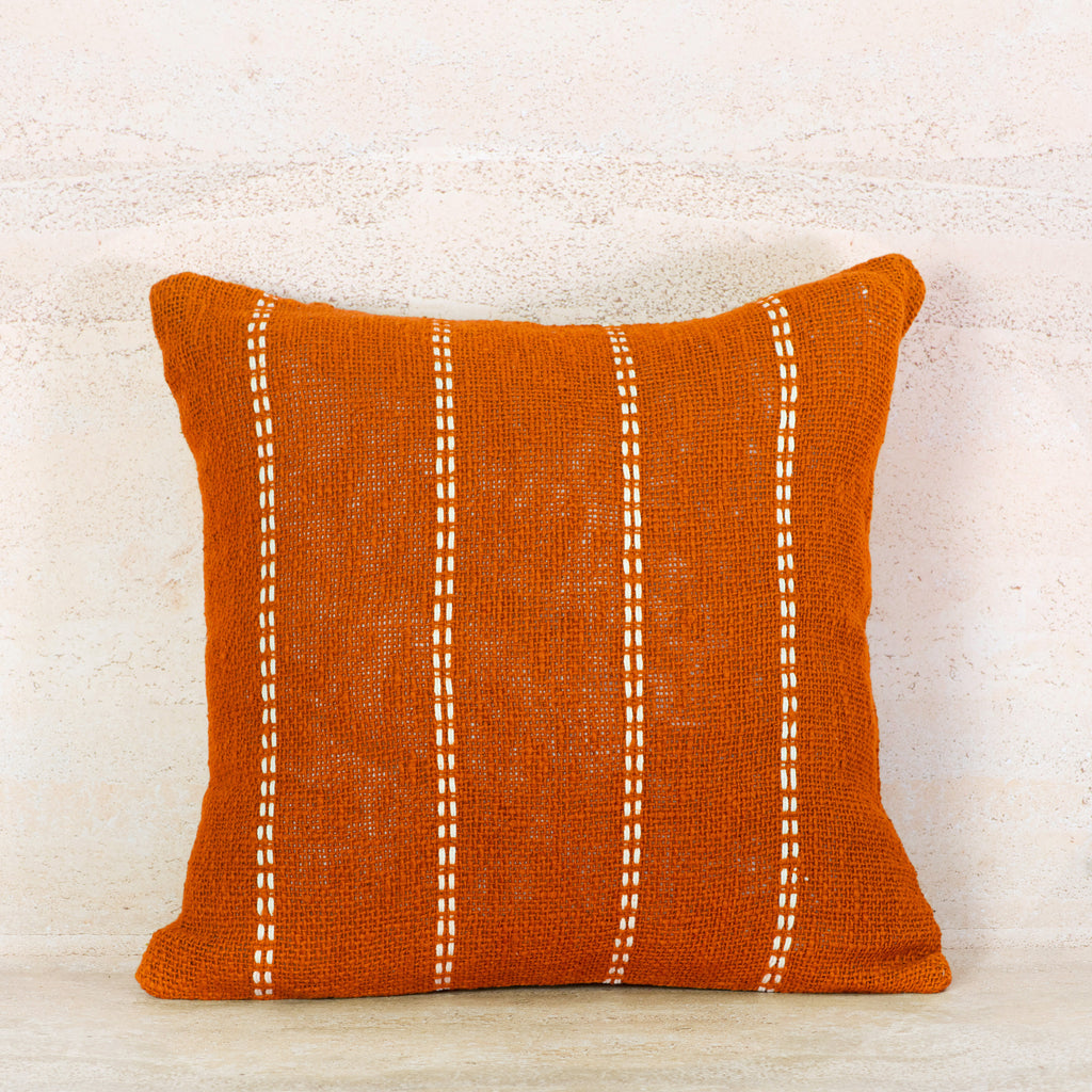 Terracotta Cotton Cushion with White Stitch Stripes – 50x50 cm