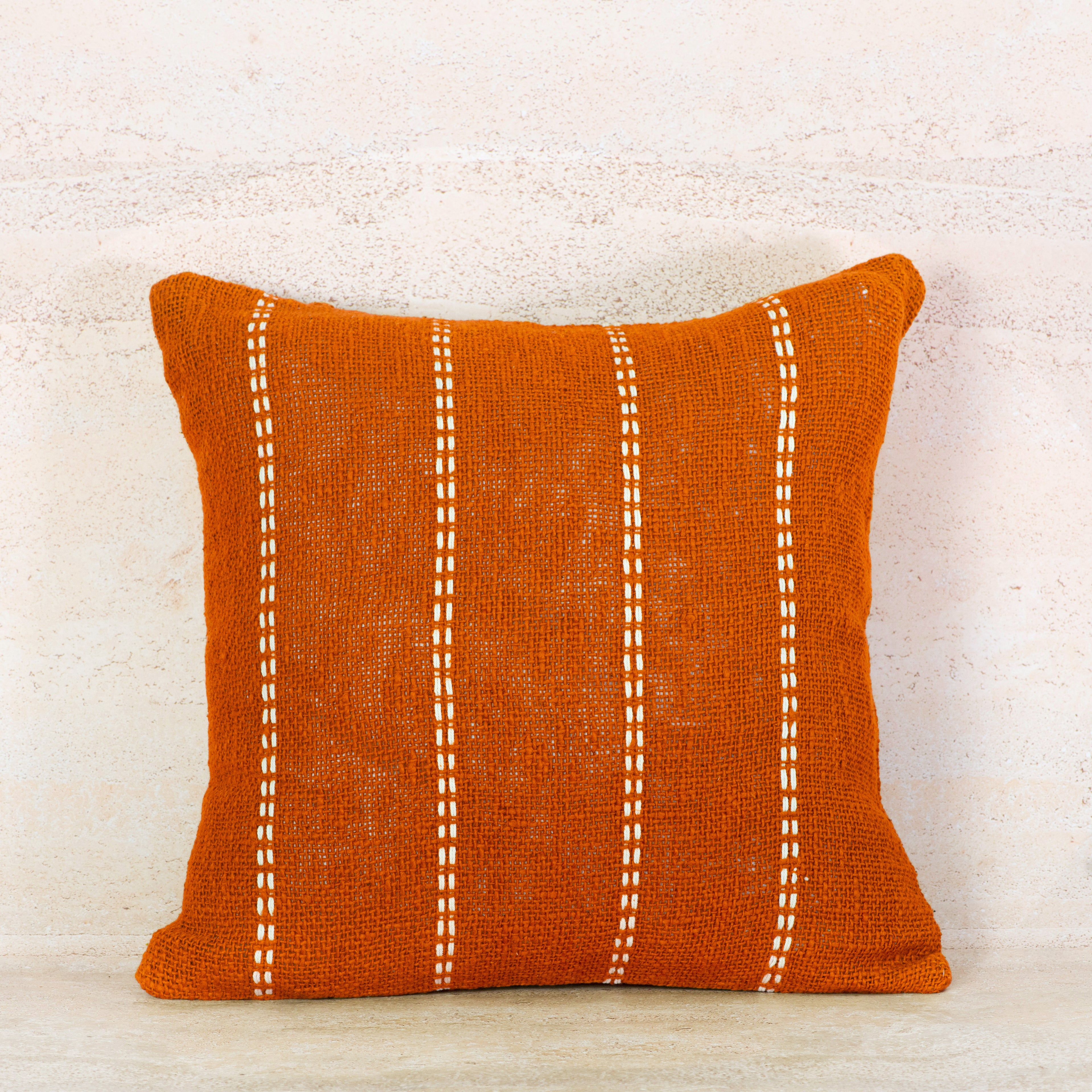 Terracotta Cotton Cushion with White Stitch Stripes – 50x50 cm