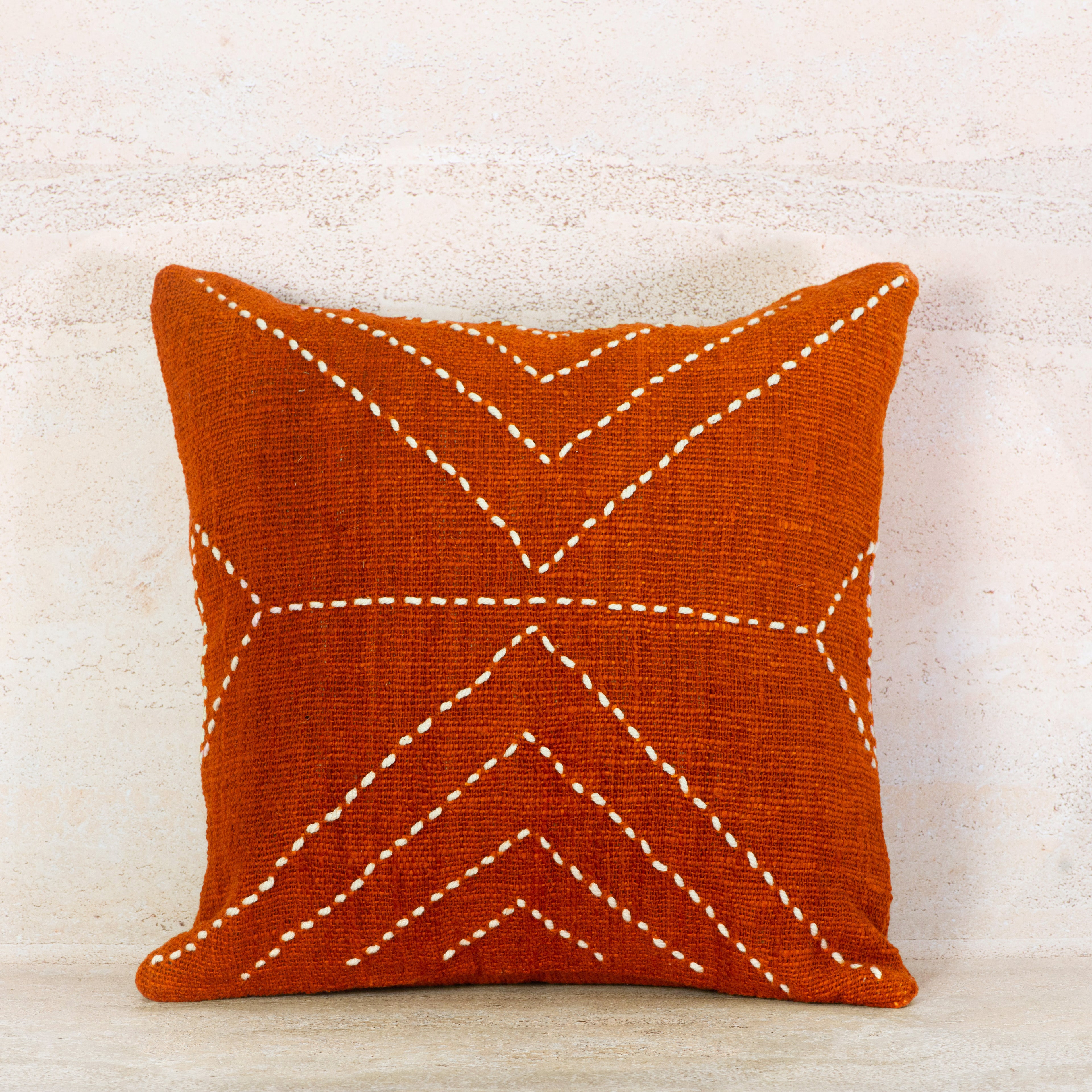 Terracotta Cotton Cushion with White Geometric Stitch – 50x50 cm