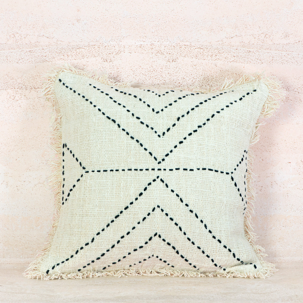 Beige Line-Stitched Textured Cotton Cushion with Fringe – 50x50 cm