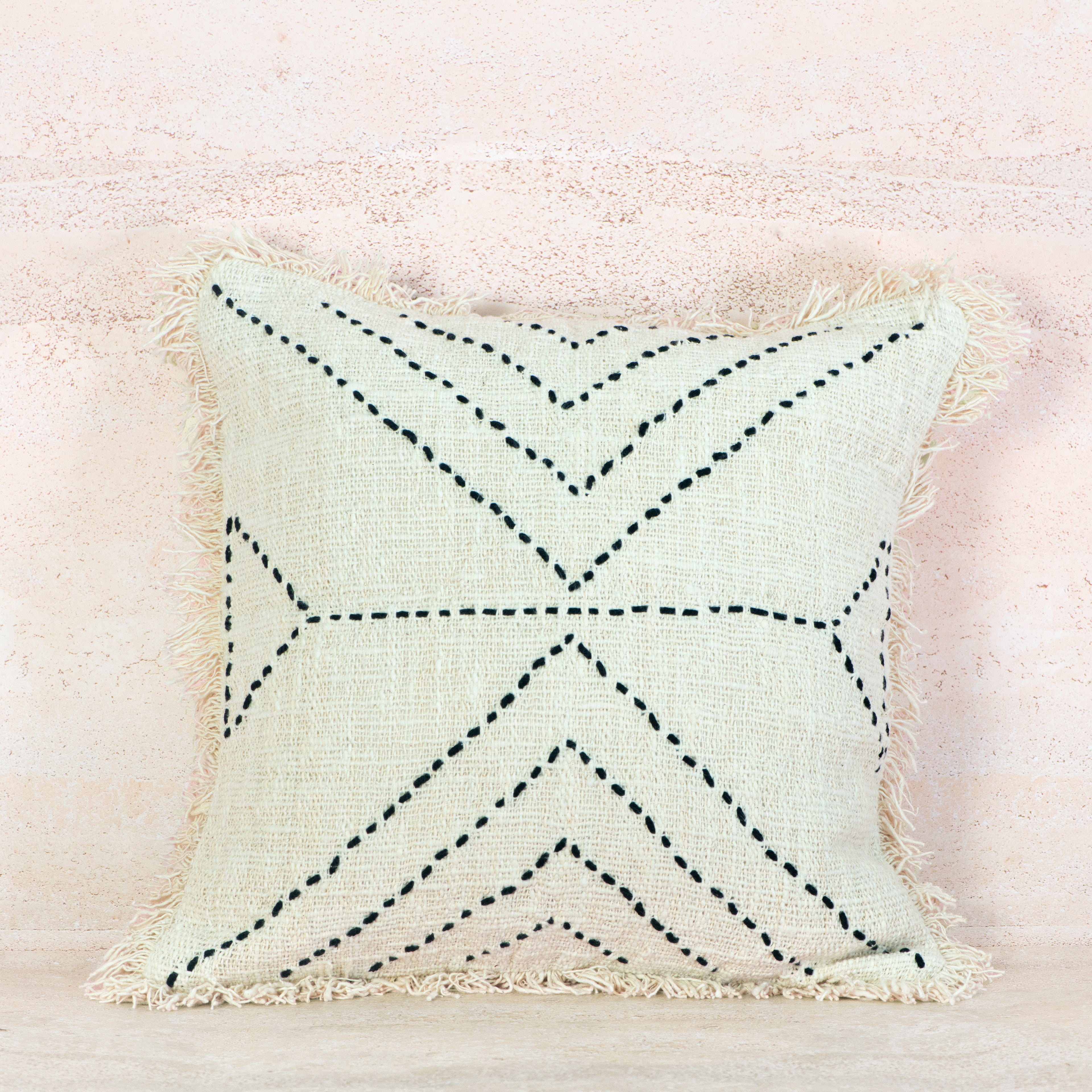 Beige Line-Stitched Textured Cotton Cushion with Fringe – 50x50 cm