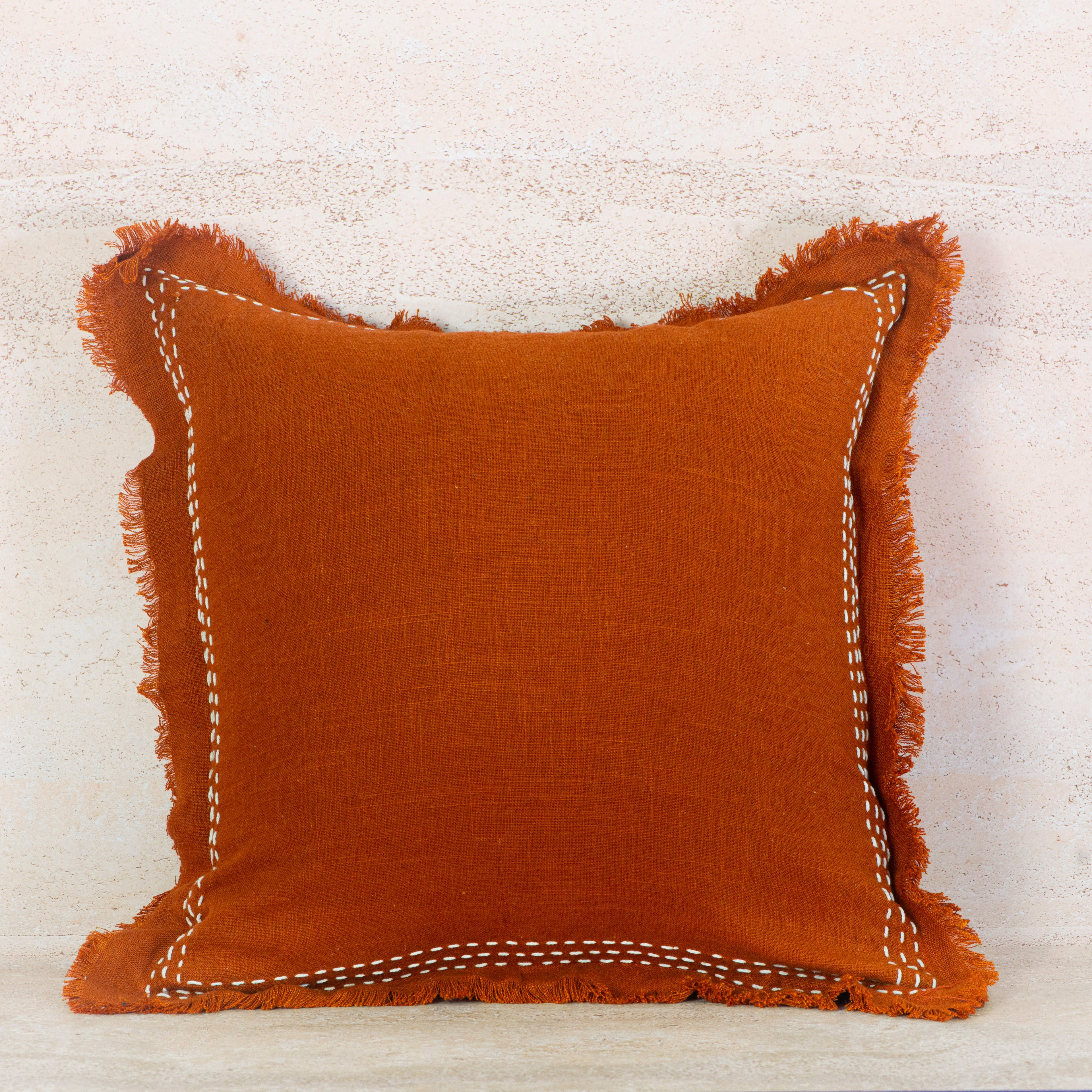 Terracotta Linen Cushion with Stitch Detail – 50x50 cm