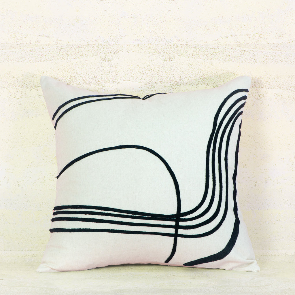 White Linen Cushion with Black Abstract Embroidery – 50x50 cm