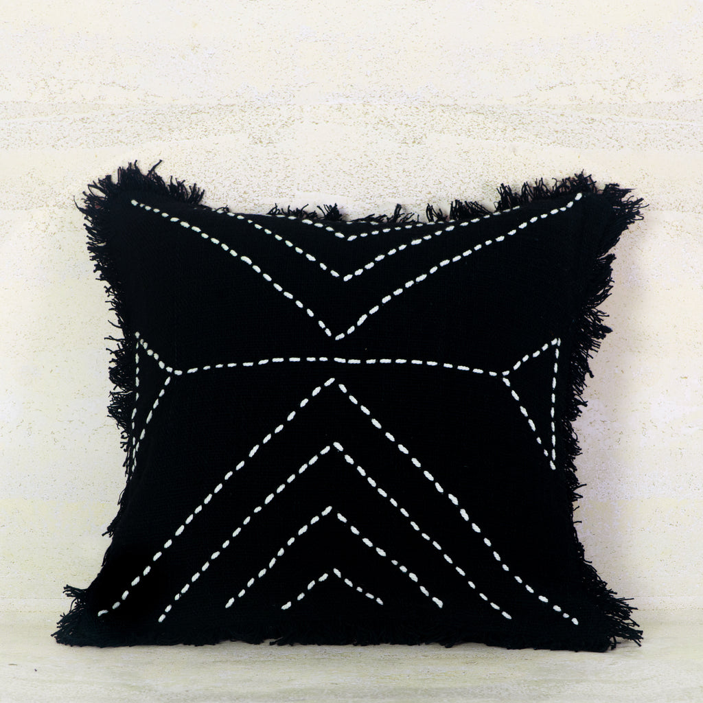 Black Cotton Cushion with White Geometric Stitch and Fringe – 50x50 cm