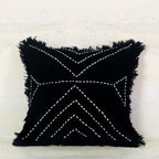 Black Cotton Cushion with White Geometric Stitch and Fringe – 50x50 cm