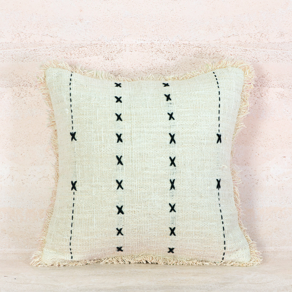 Beige Cross-Stitch Cotton Cushion with Fringe – 50x50 cm