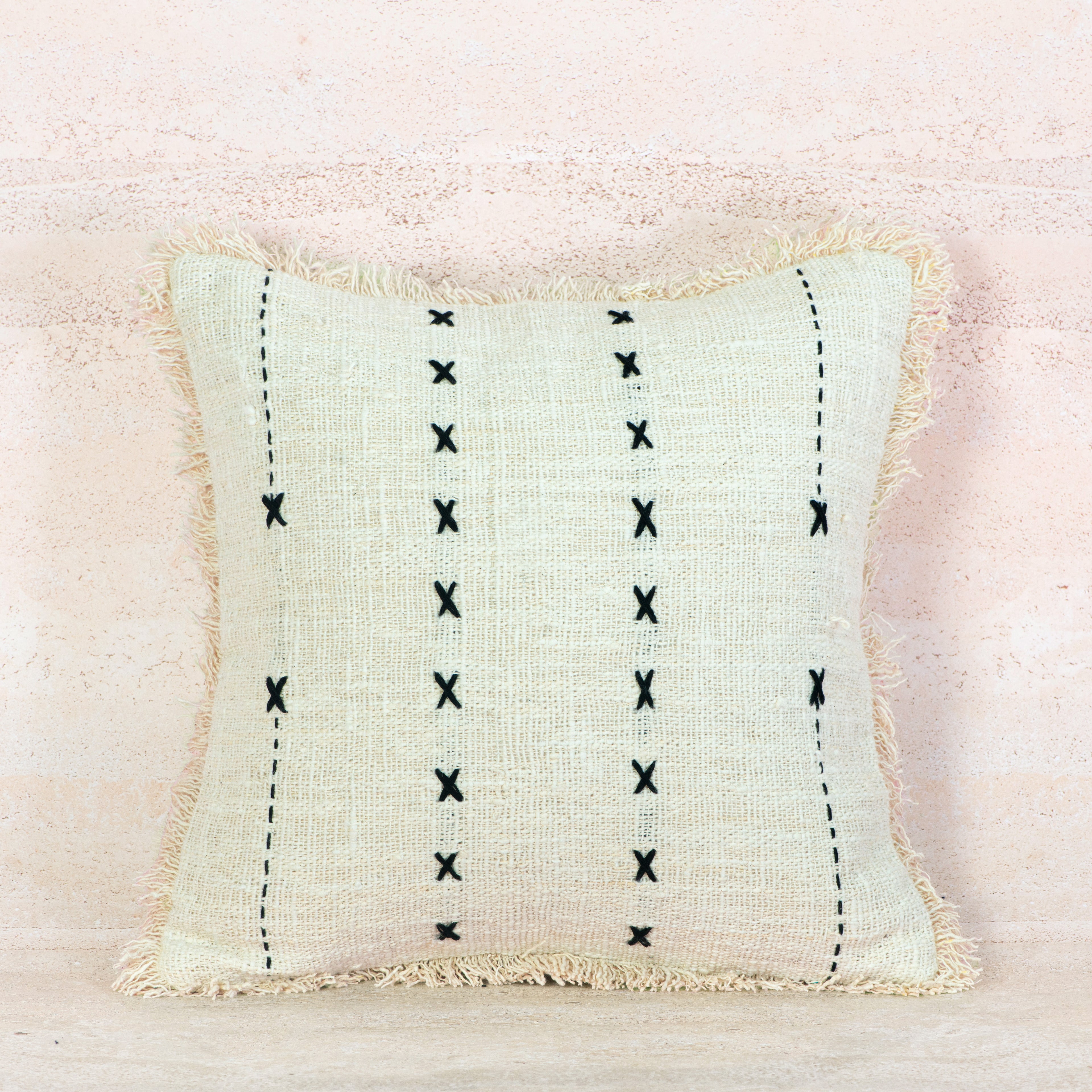 Beige Cross-Stitch Cotton Cushion with Fringe – 50x50 cm