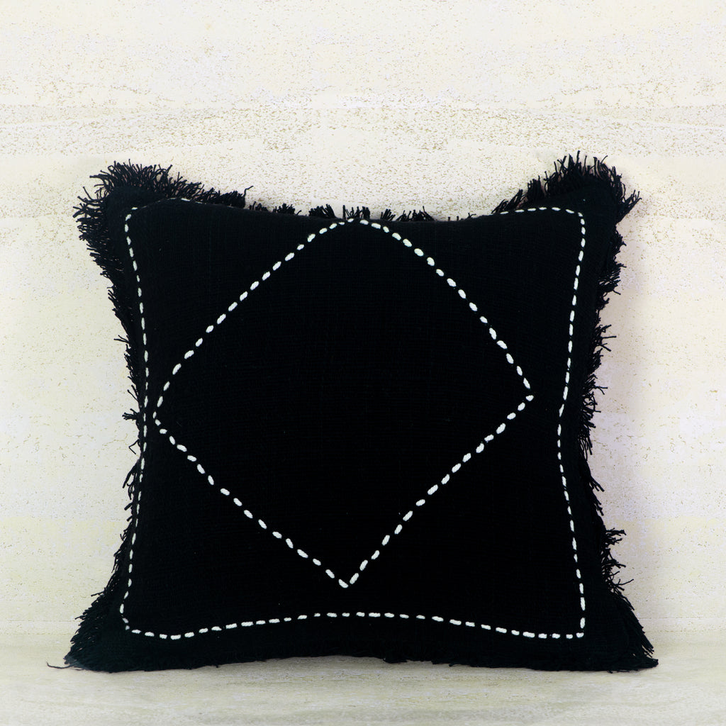 Black Woven Diamond-Stitched Cotton Cushion with Fringe – 50x50 cm