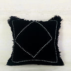 Black Woven Diamond-Stitched Cotton Cushion with Fringe – 50x50 cm