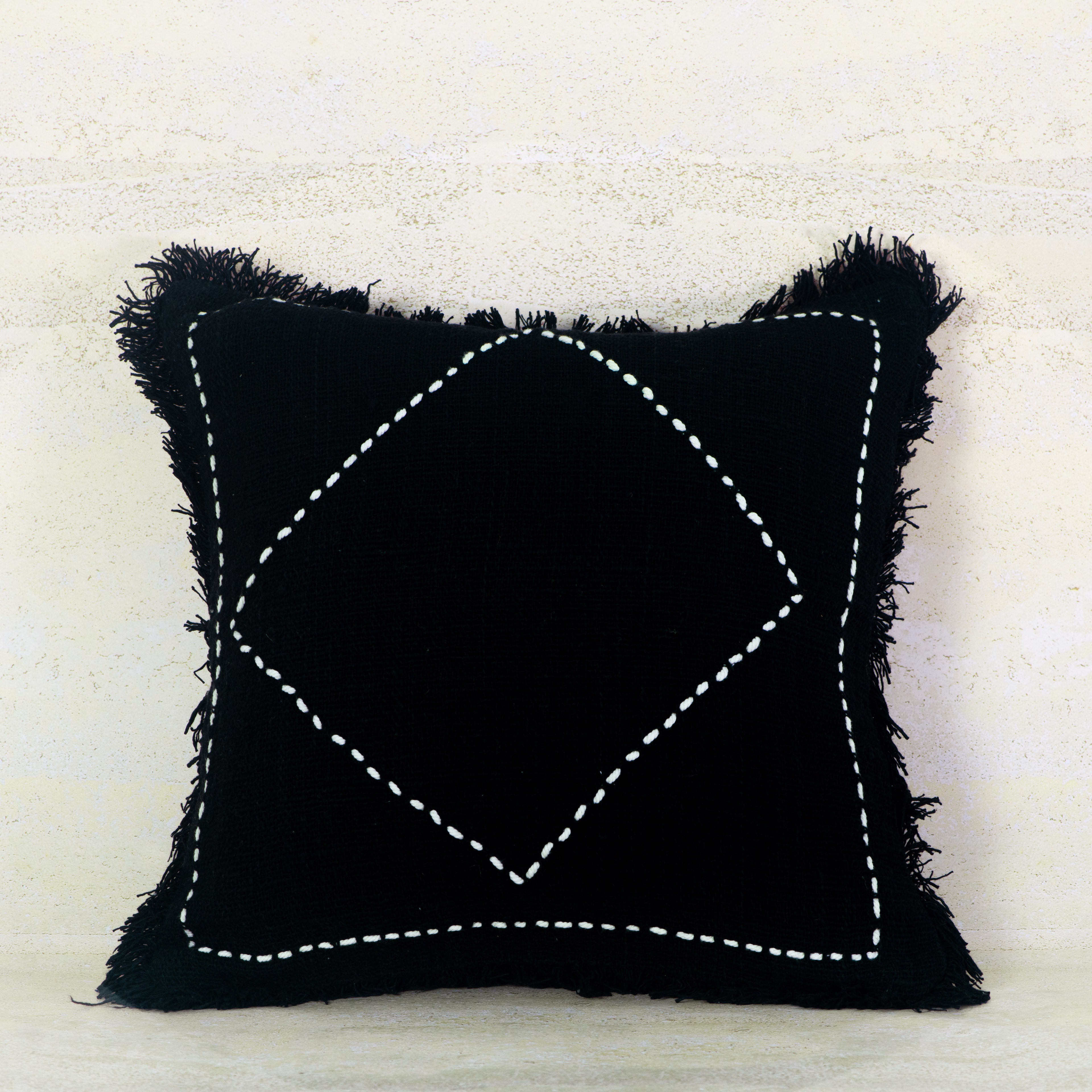 Black Woven Diamond-Stitched Cotton Cushion with Fringe – 50x50 cm