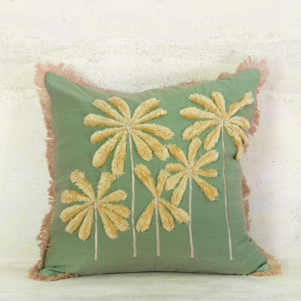 Olive Green Raised Palm Cotton Cushion – 50x50 cm