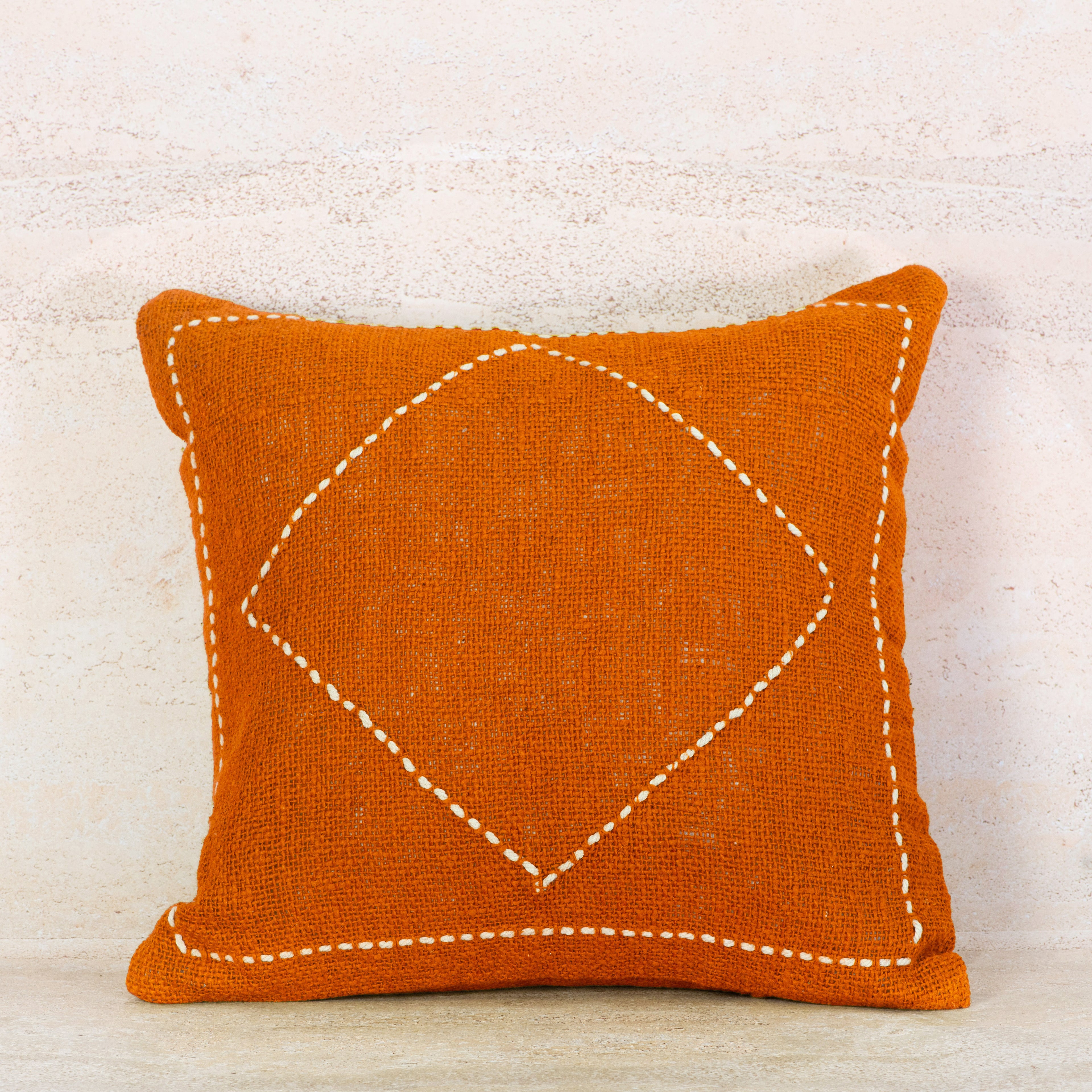 Terracotta Cotton Cushion with White Diamond Stitch – 50x50 cm