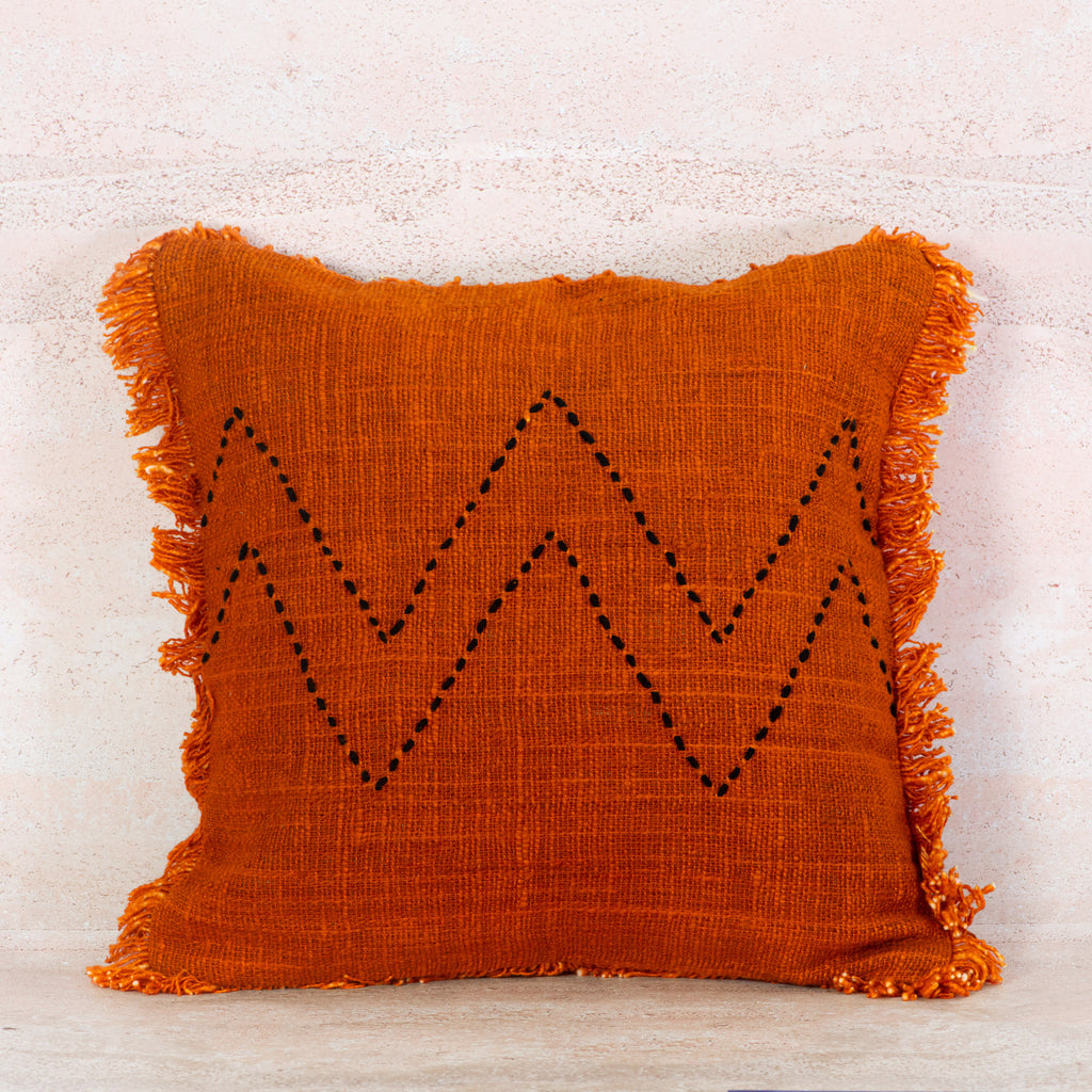 Terracotta Cotton Cushion with Zigzag Stitch Detail and Fringe – 50x50 cm