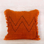 Terracotta Cotton Cushion with Zigzag Stitch Detail and Fringe – 50x50 cm