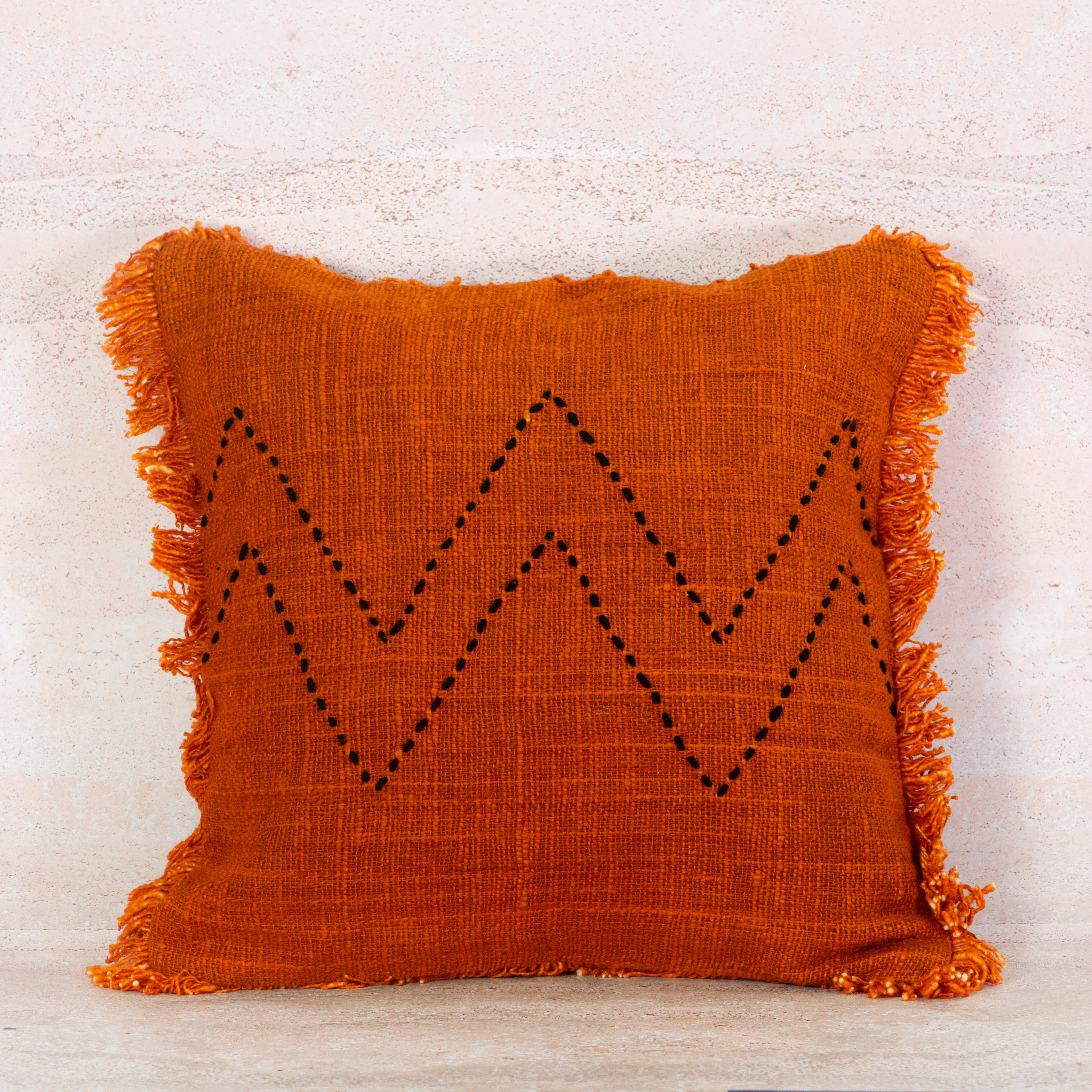 Terracotta Cotton Cushion with Zigzag Stitch Detail and Fringe – 50x50 cm