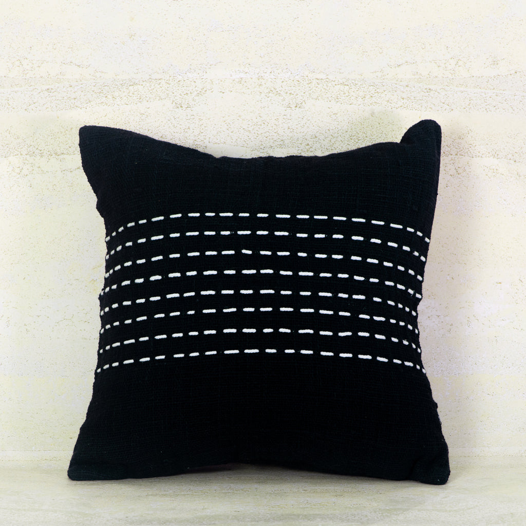 Black Woven Line-Stitched Cotton Cushion – 50x50 cm