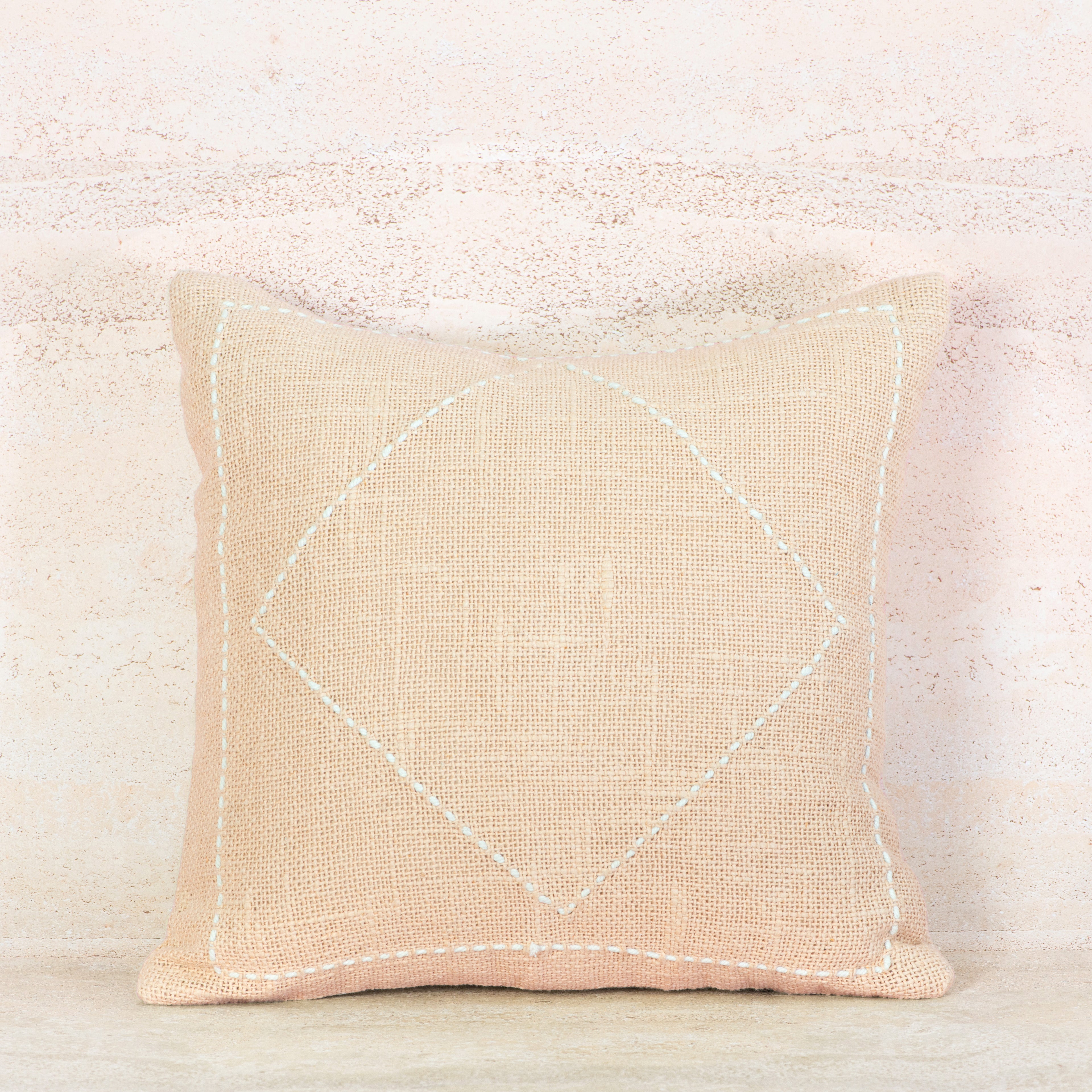 Peach Pink Cotton Cushion with Diamond Stitch Detail – 50x50 cm