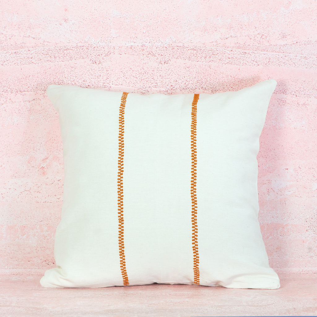 White Cotton Cushion with Terracotta Stitch Bands – 50x50 cm