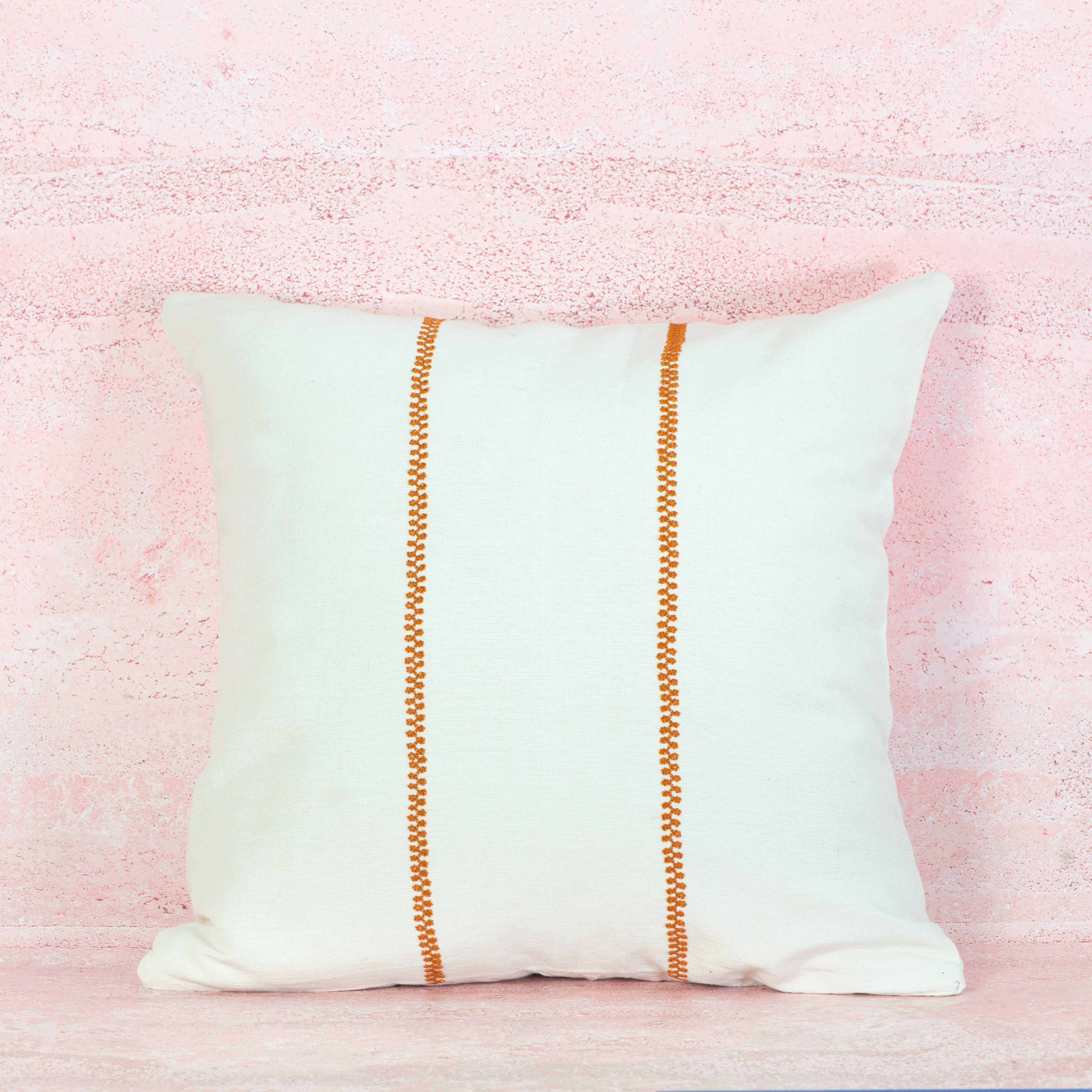 White Cotton Cushion with Terracotta Stitch Bands – 50x50 cm