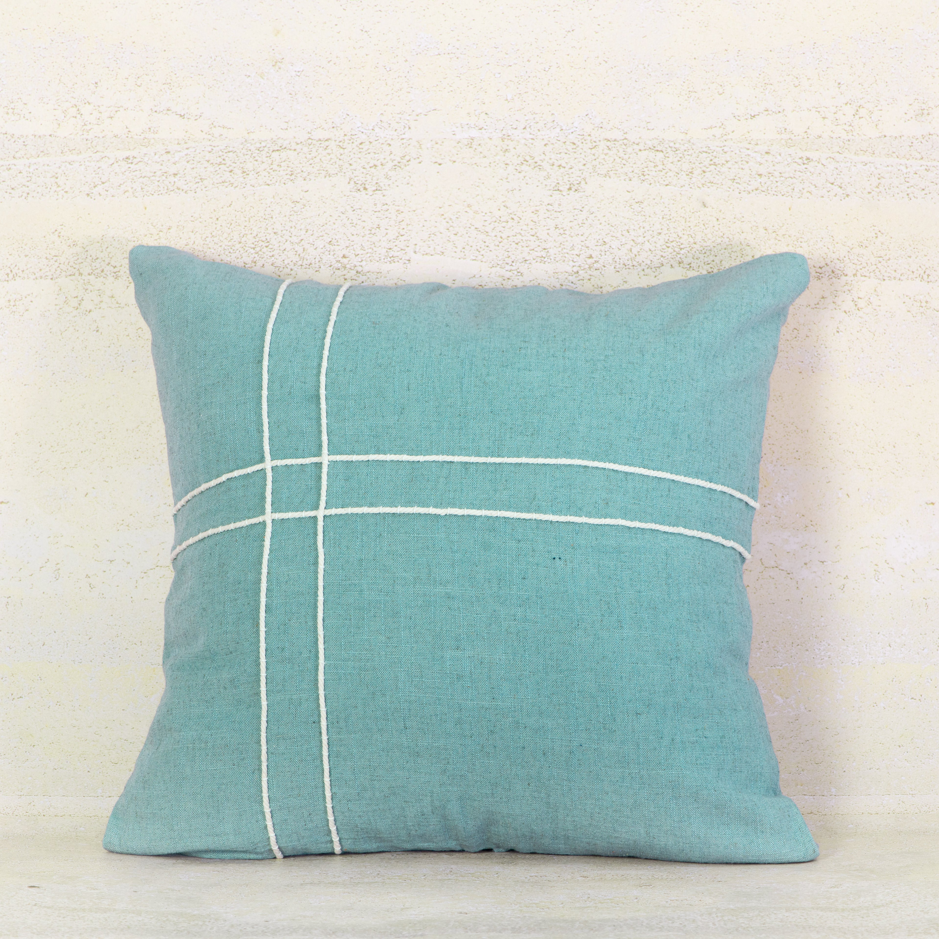 Light Blue Linen Cushion with White Grid Stitch – 50x50 cm
