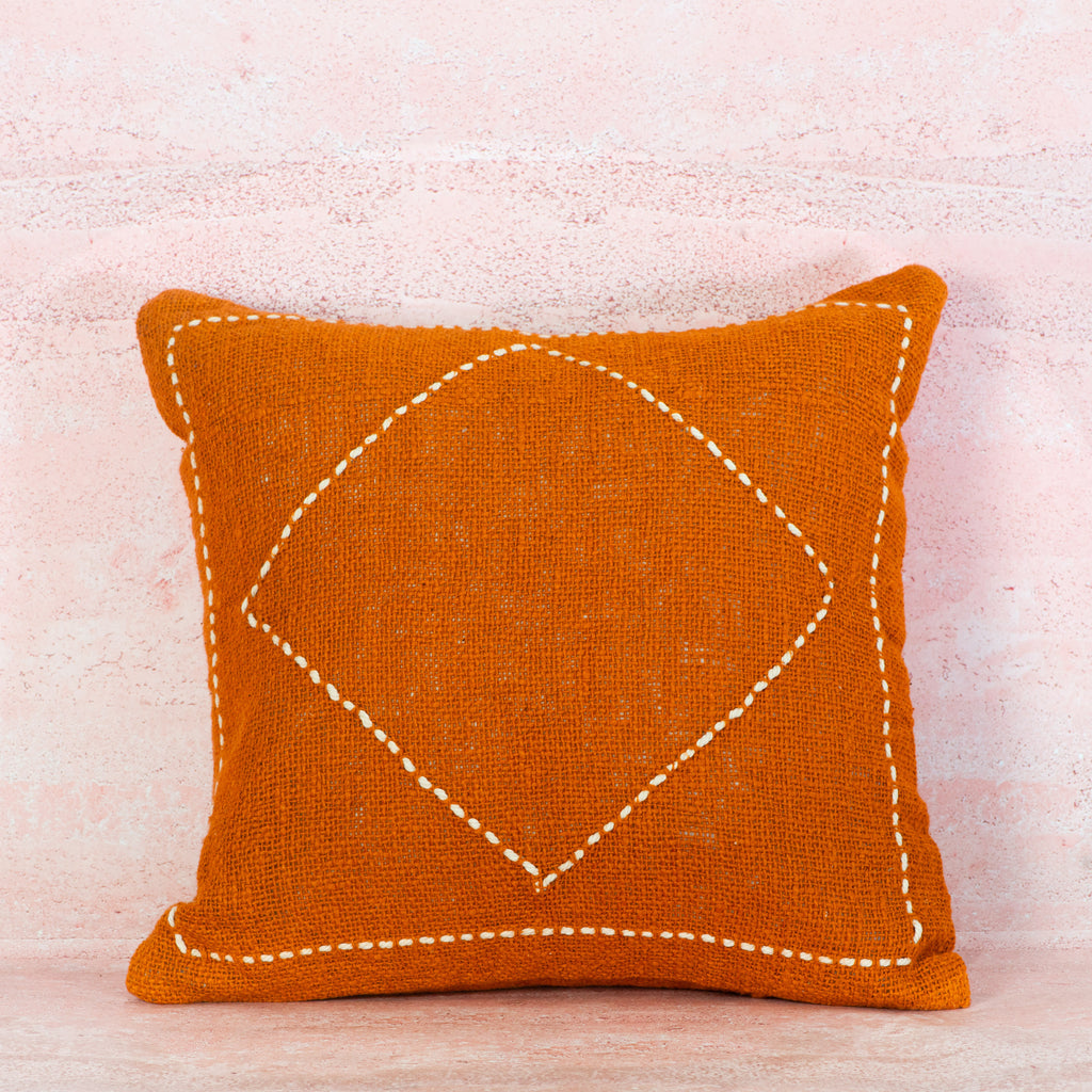 Terracotta Cotton Cushion with White Diamond Stitch