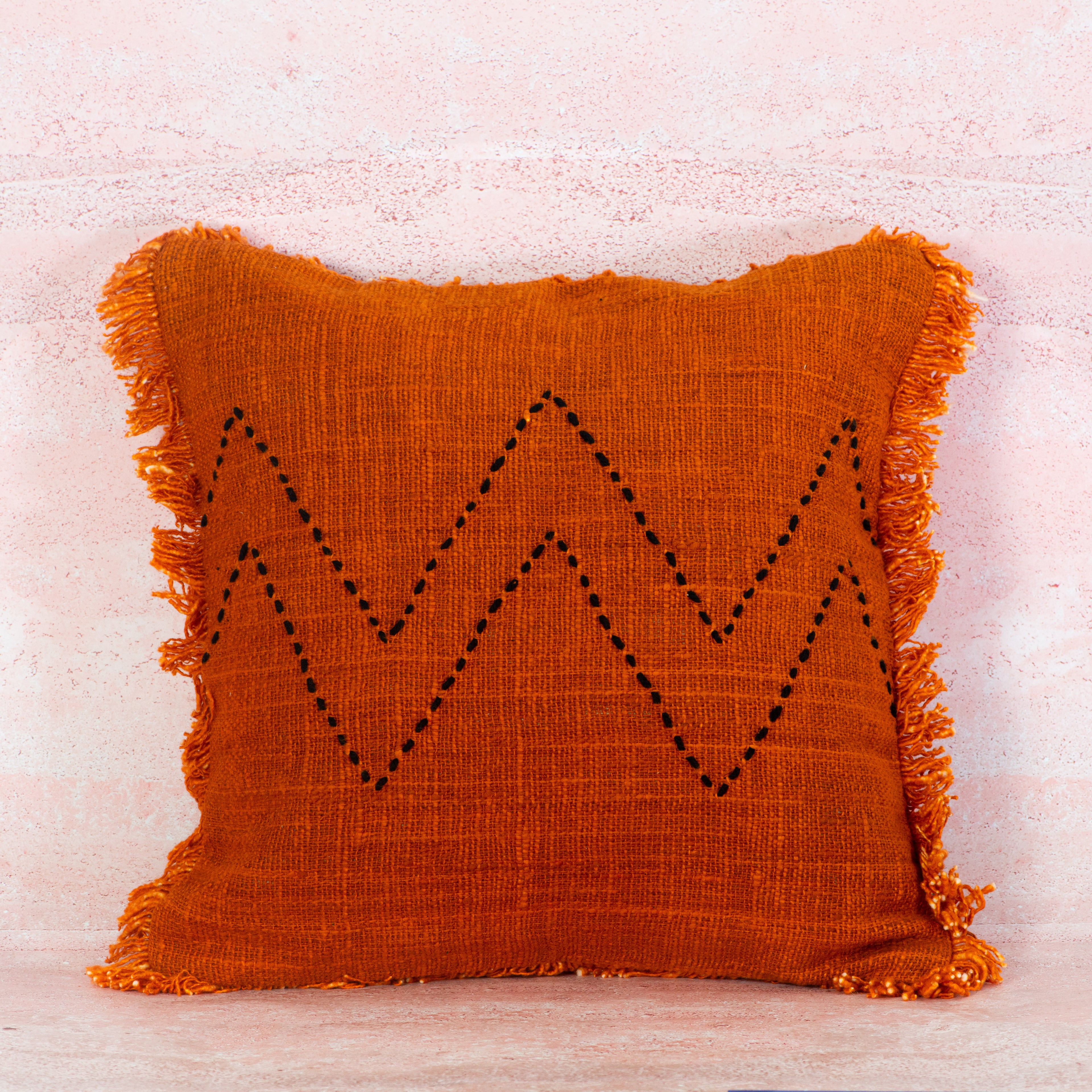 Terracotta Cotton Cushion with Zigzag Stitch Detail and Fringe