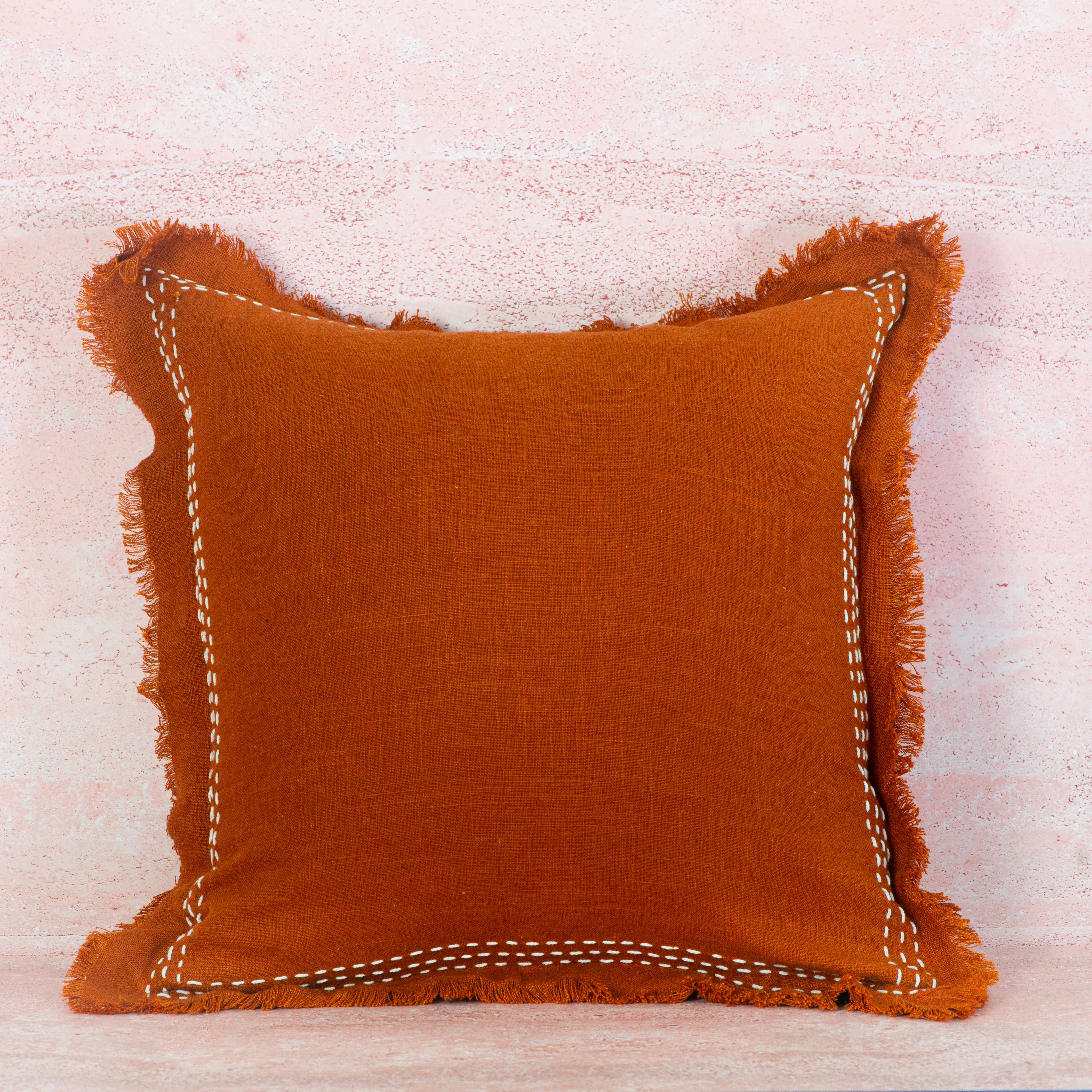 Terracotta Linen Cushion with Stitch Detail and Fringe