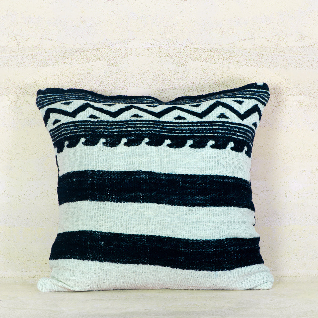 The Natural Cotton Cushion with Black Stripe and Wave Detail