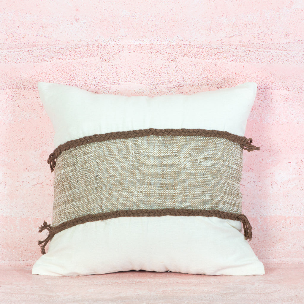 White Cotton Cushion with Natural Woven Panel and Brown Trim