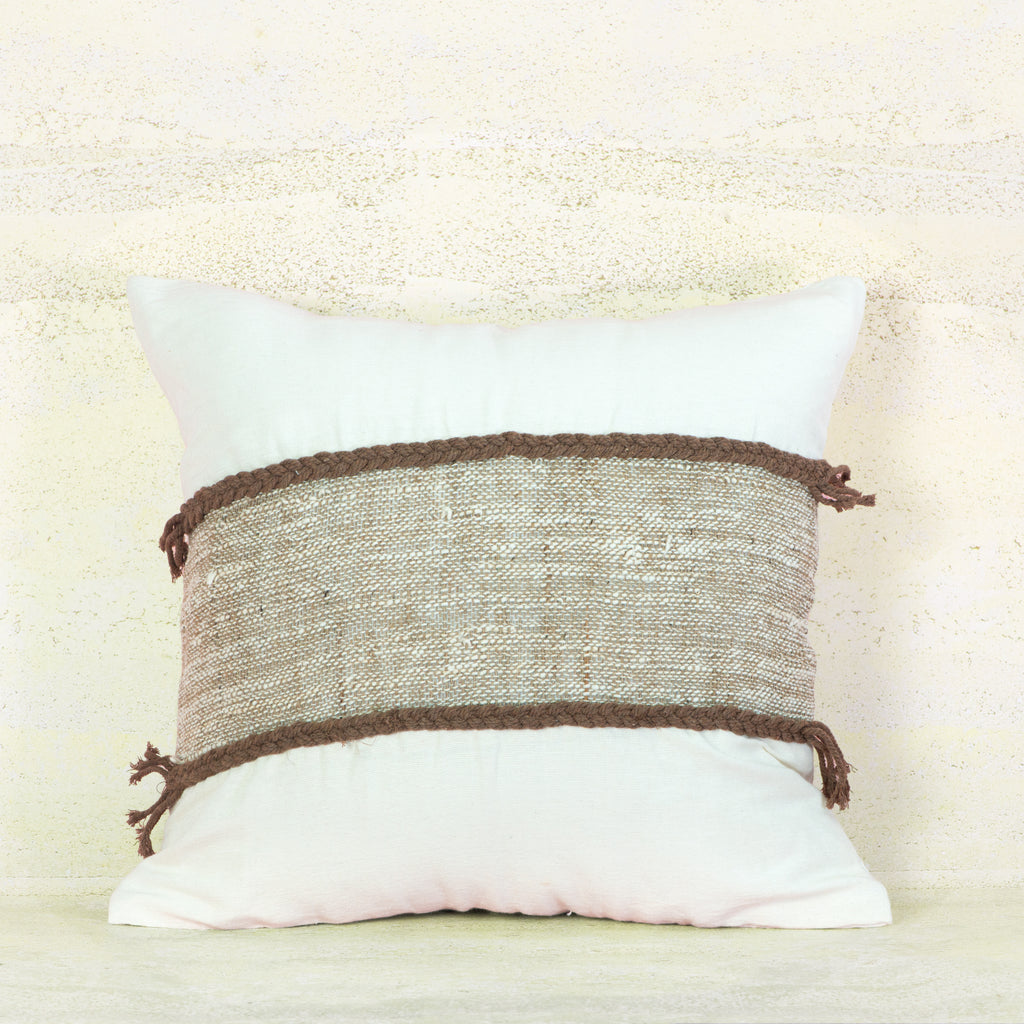 White Cotton Cushion with Natural Woven Panel and Brown Trim