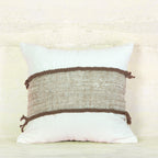 White Cotton Cushion with Natural Woven Panel and Brown Trim