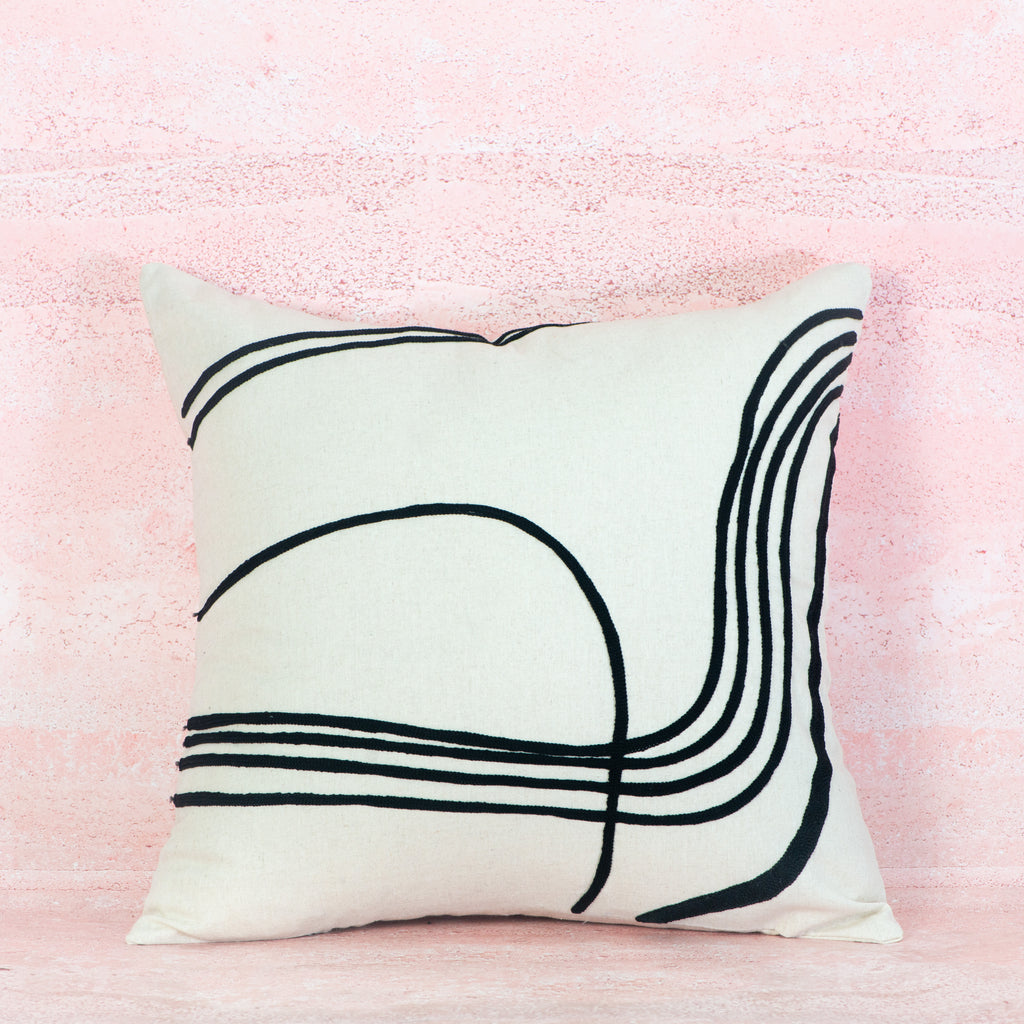 White Linen Cushion with Black Abstract Embroidery 
