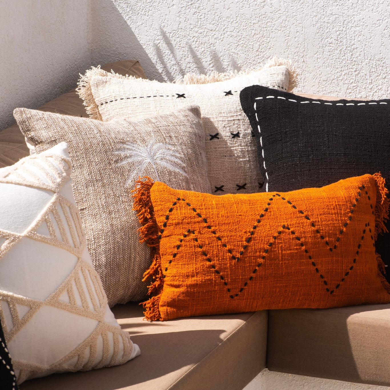 Black Cotton Cushion with White Stitch Border – 50x50 cm