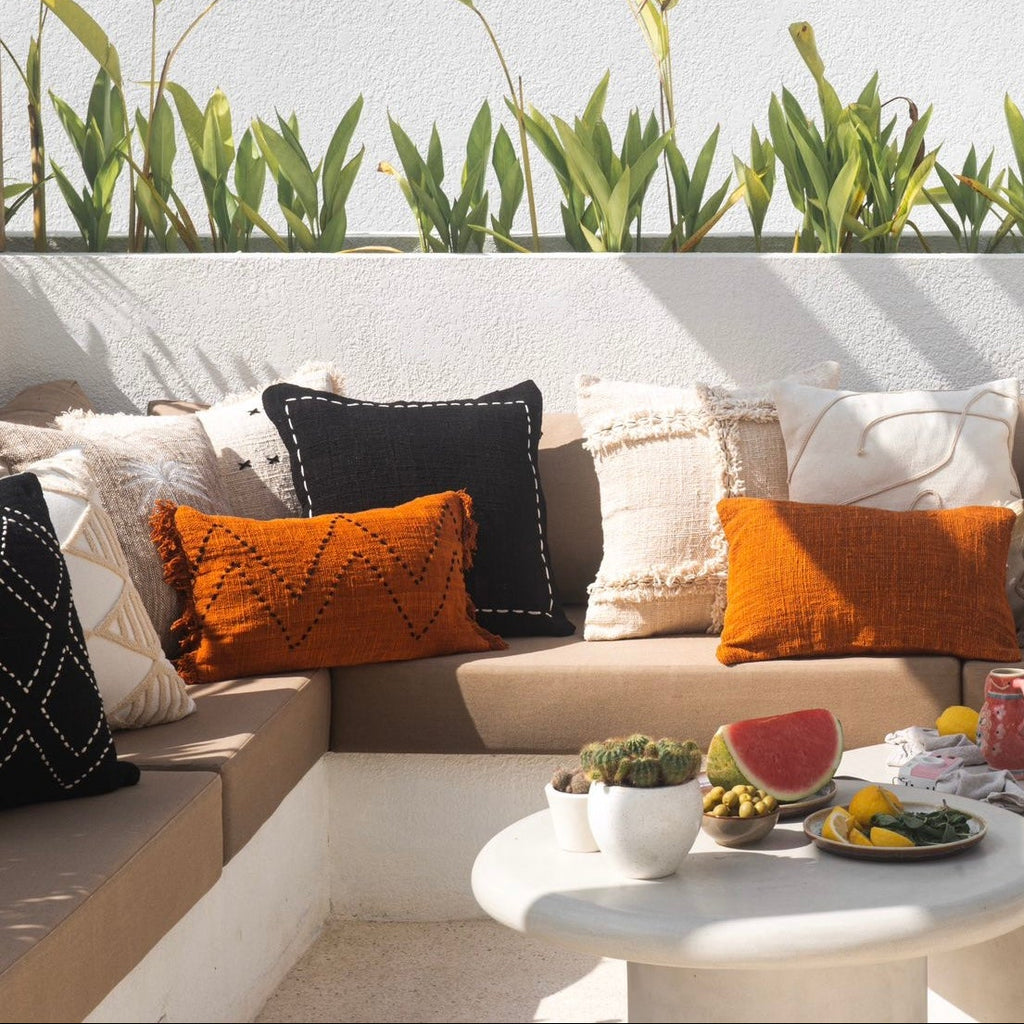 Terracotta Cotton Cushion with Black Wave Stitch – 30x50 cm