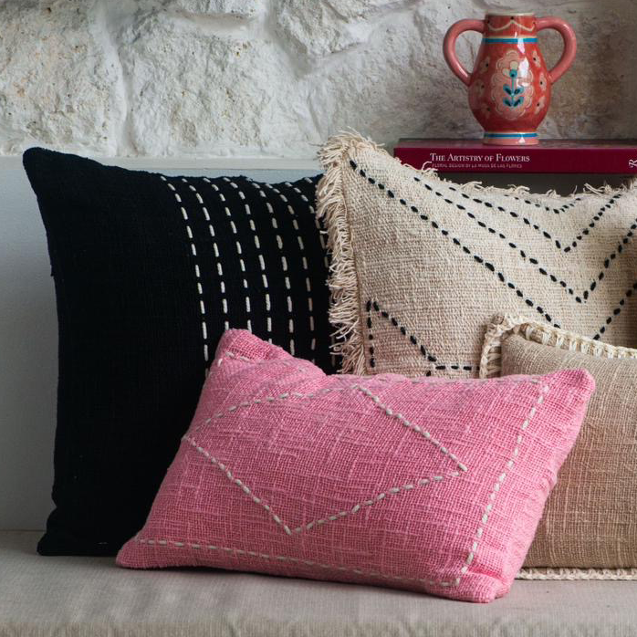 Pink Cotton Cushion with White Diamond Stitch – 30x50 cm