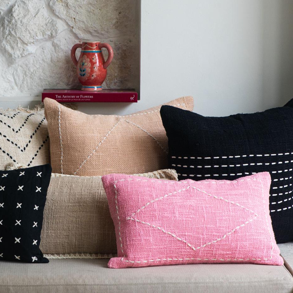 Pink Cotton Cushion with White Diamond Stitch – 30x50 cm